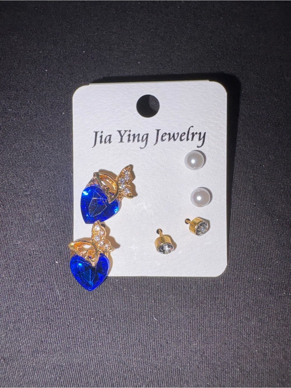 Fashion Jewelry Blue Heart Drop Earrings with Gold Butterfly Accents - Set of 3